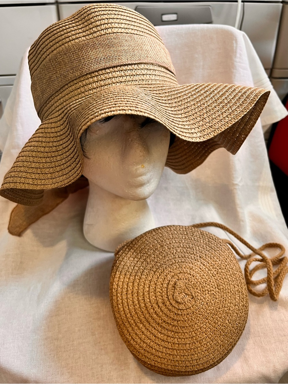 Tan Straw Floppy Sun Hat with Matching Round Crossbody Bag